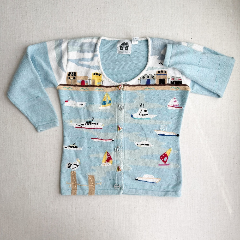 vtg Storybook Knits‎ boat ocean novelty print hand knit cardigan sweater S